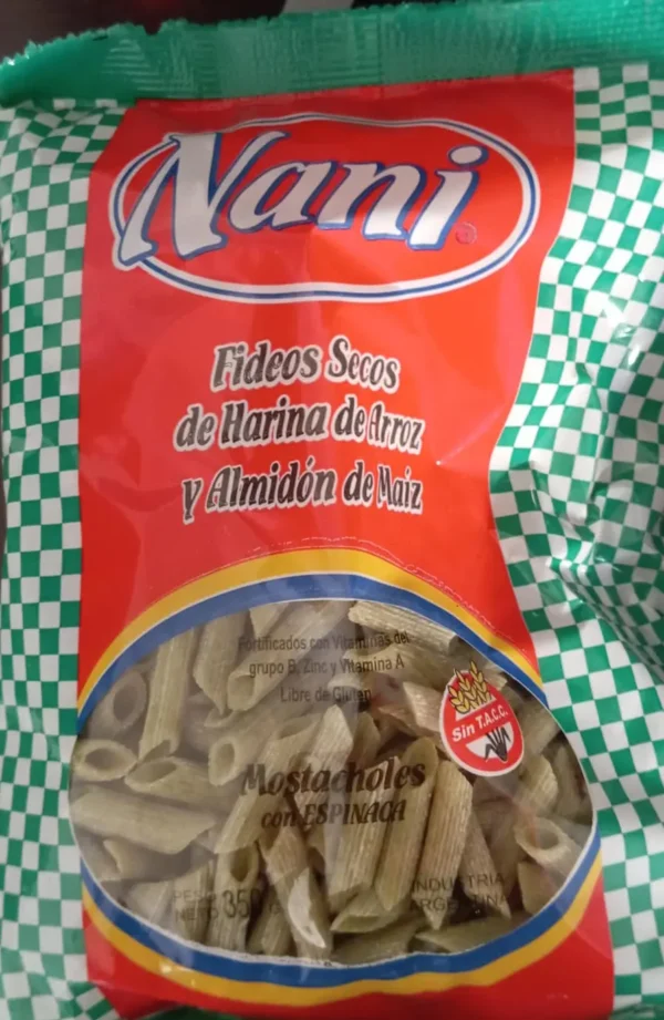 Fideos Mostachol de Arroz  y Almidon de Maiz NANI de Espinaca